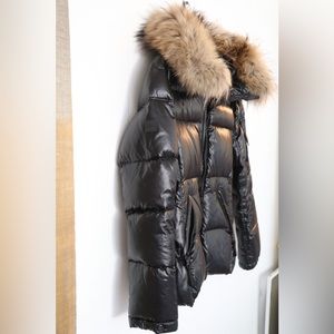 SAM. Designer Black Puffer Jacket with Real Fur Hood Womens Size Medium